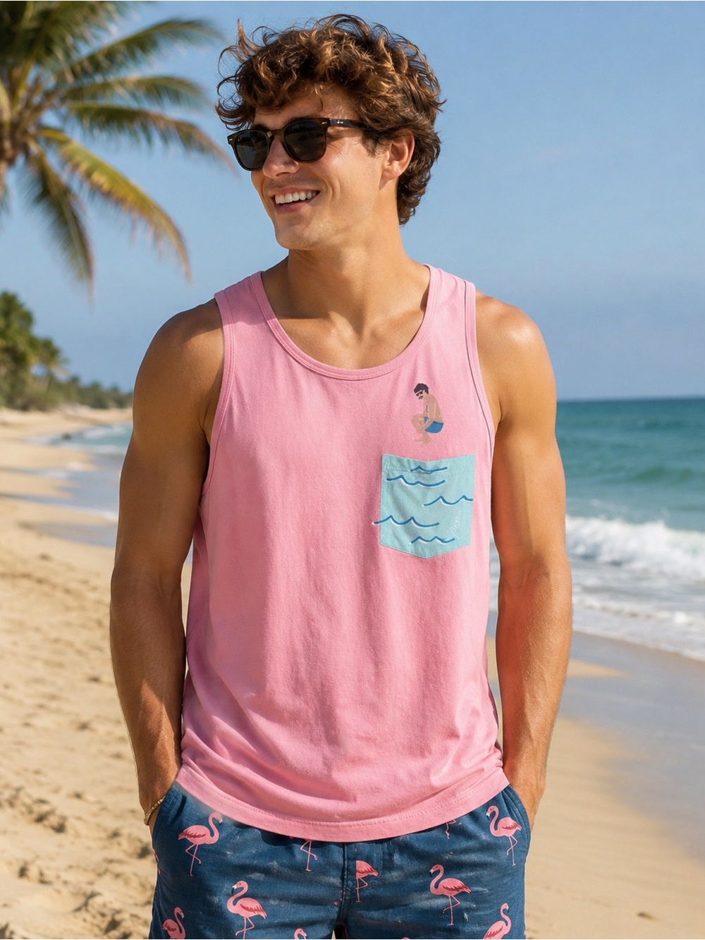 Chubbies Sky’s Out Thighs Out Pink Pocket Tank Top Large Beach Swim 100% Cotton